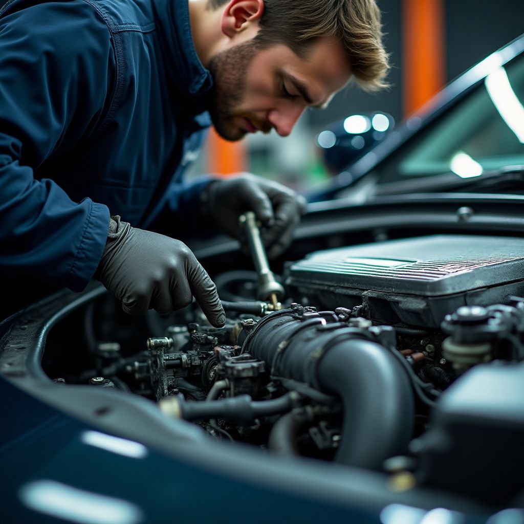 Mecánicos trabajando en motor de vehículo de alta gama